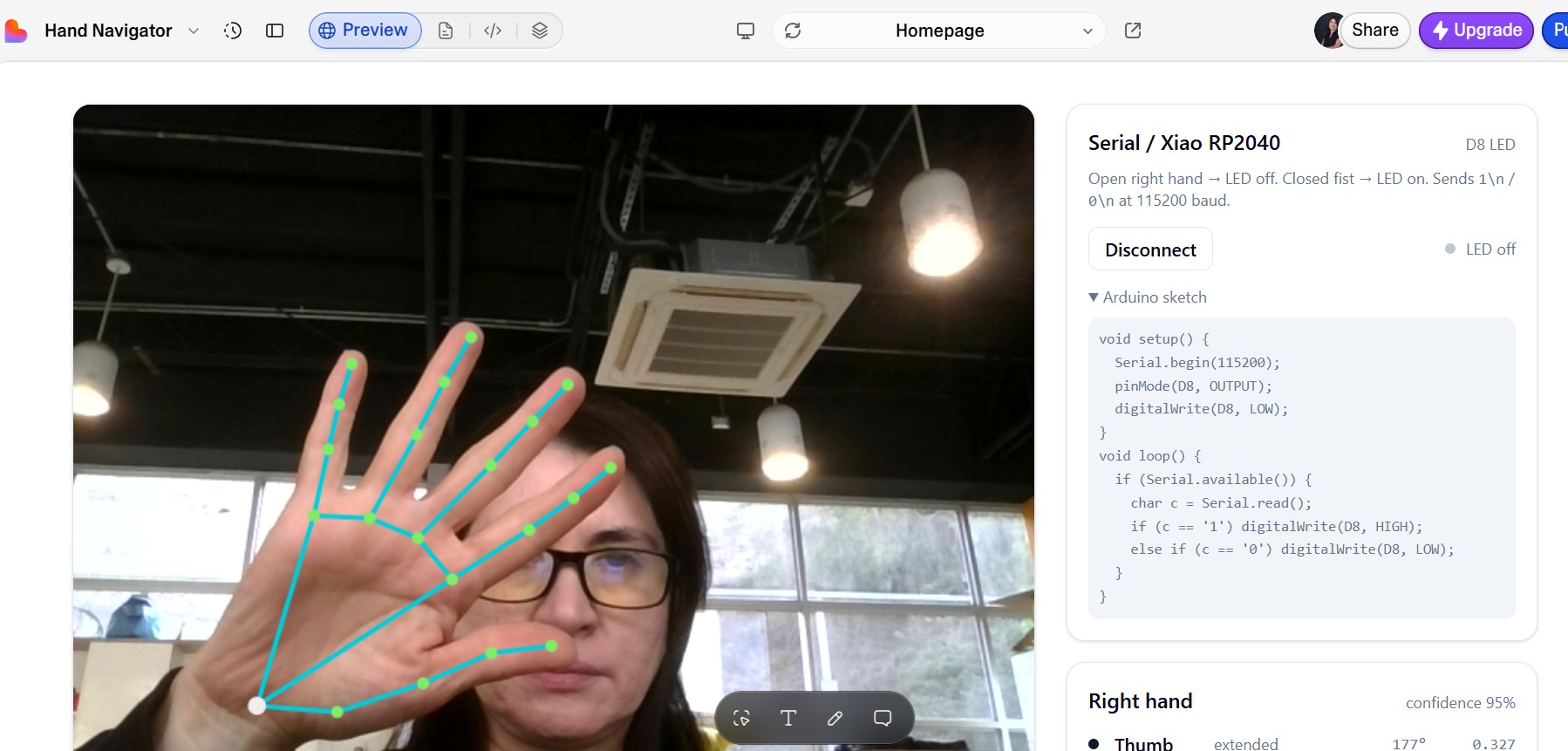 Lovable generated interface — hand skeleton on webcam feed